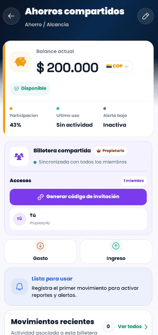 Captura de Billetera compartida en Vaulty